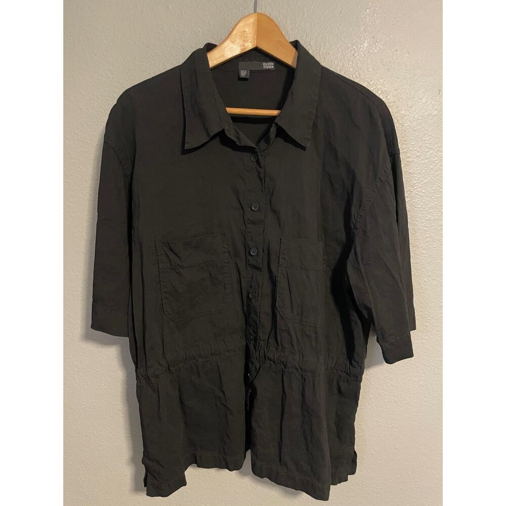 Eileen Fisher Top Womens XL Black Linen Blend Button Front Collared Boxy Casual